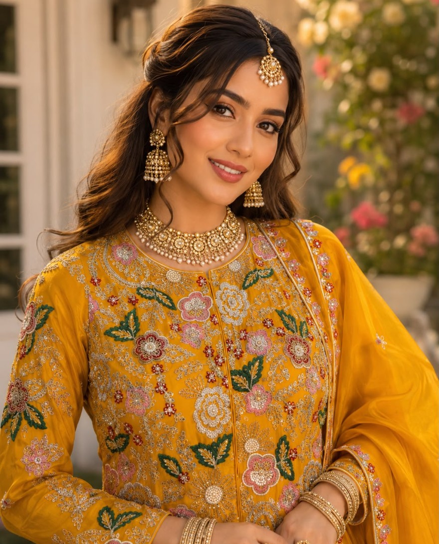 MUSTARD - Embroidered Work Faux Crepe Salwar Suit In Mustard Colour